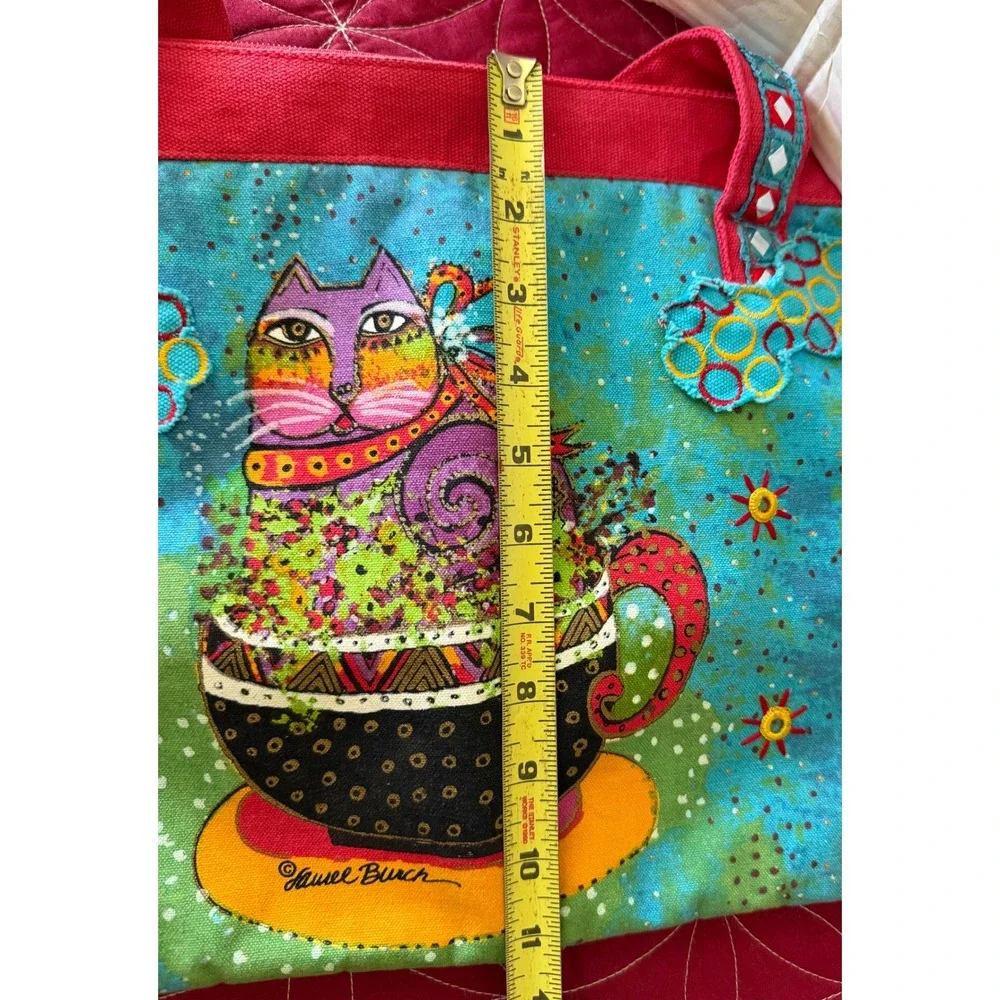 Laurel Burch Cat in Teacup Canvas Tote Bag Turquoise Red Mirror Straps Folk Art